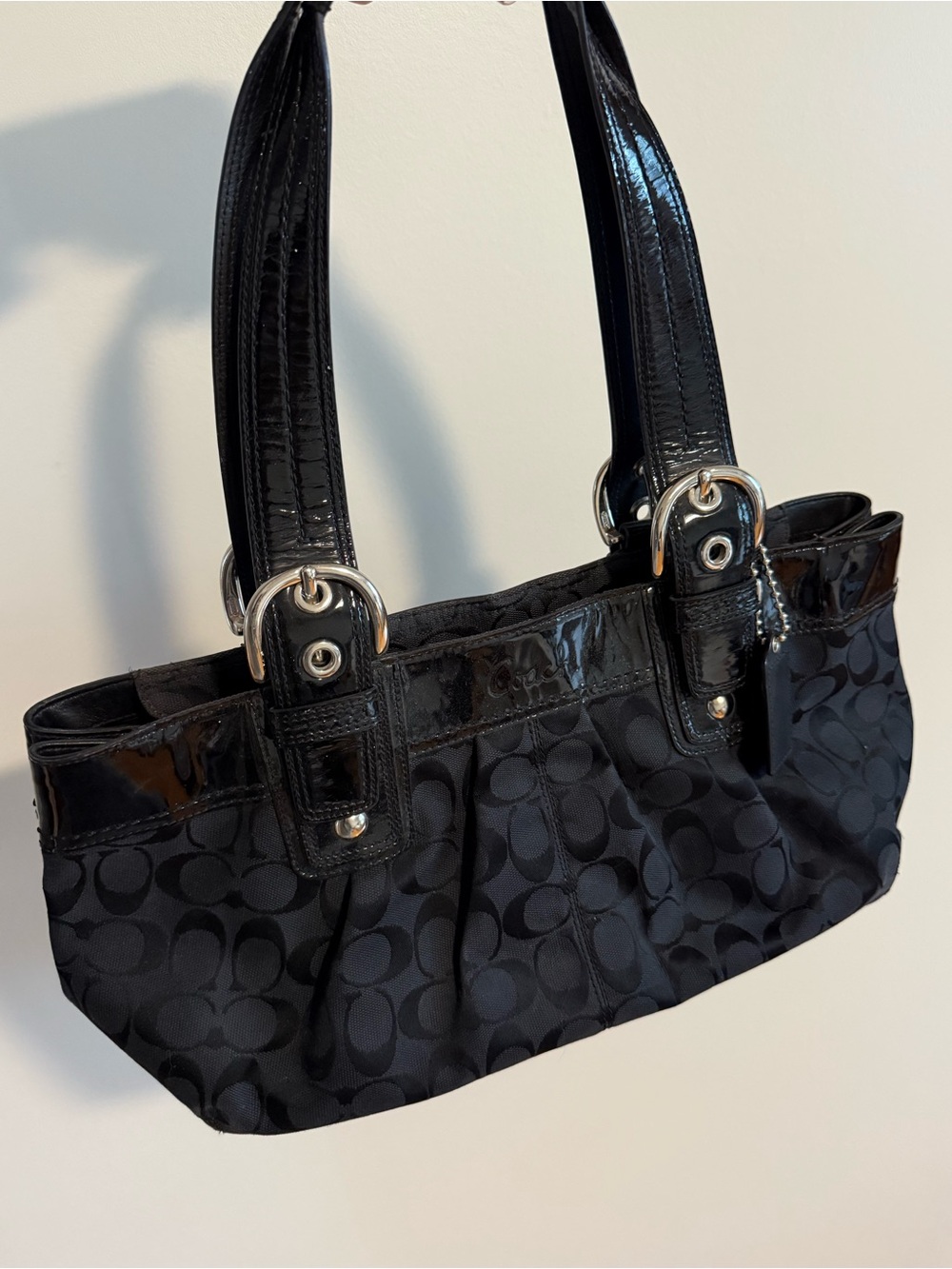 Coach Black Authentic Shoulder Bag with Signature Jacquard/Patent Trim